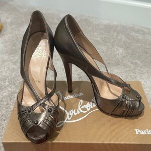 Christian Louboutin Metallic Bronze Peep-Toe T-Strap Heels